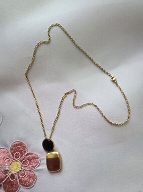Gold Plated Gold-Tone Pendant Necklace with Black and Gold Stone Accents